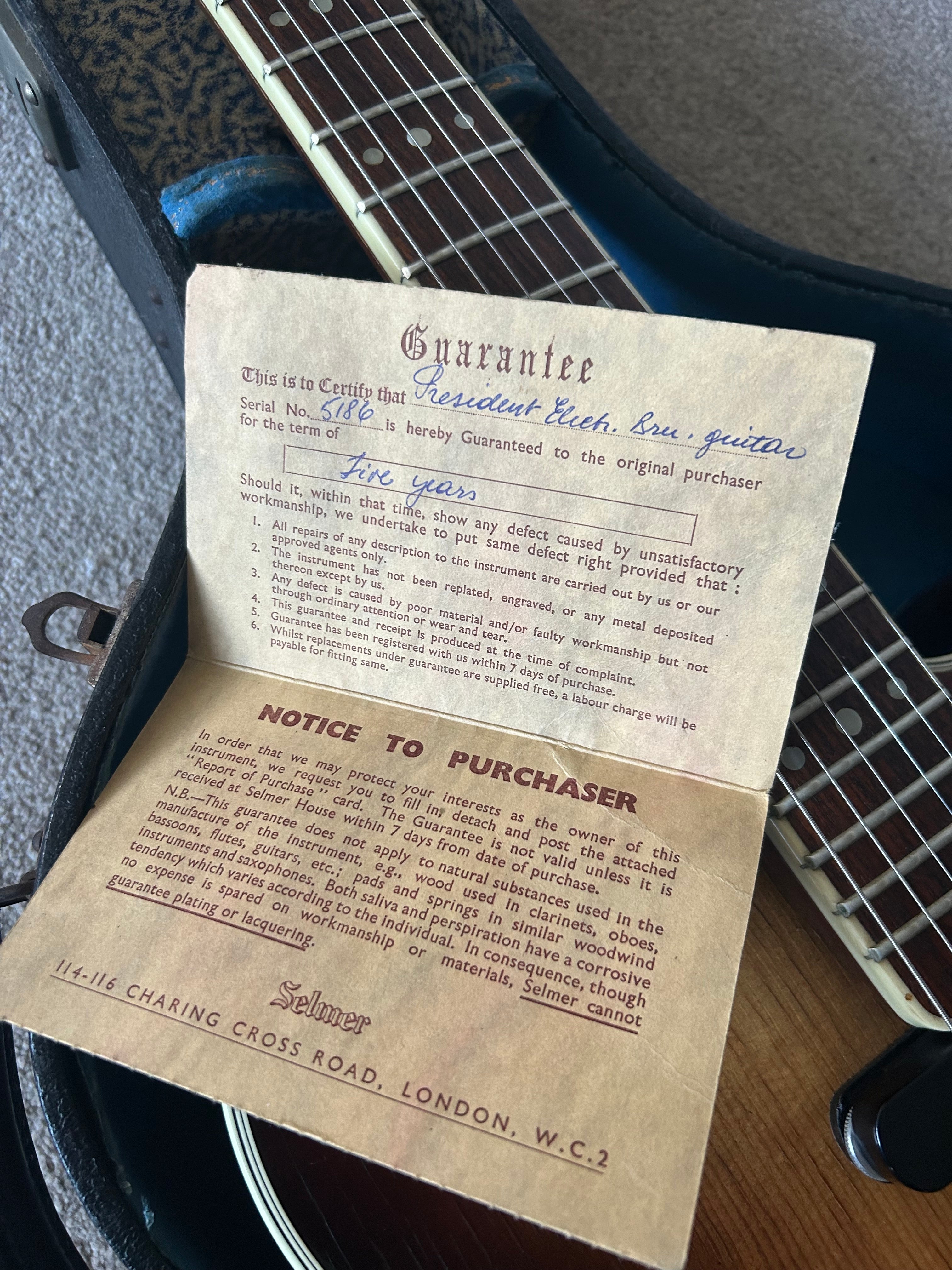 Hofner President 1959 Sunburst w Original case and Guarantee from Selmer